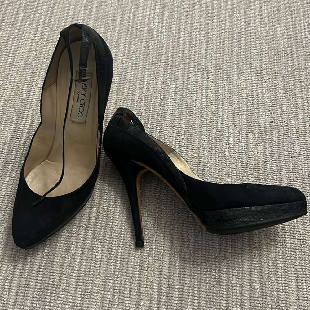 JIMMY CHOO black suede platform pump with ankle strap